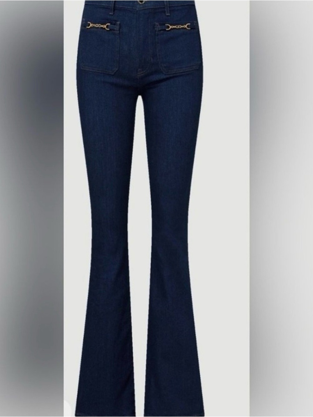 Veronica Beard Beverly High-Rise Dark Blue Flare Jeans with Chain Detail $348